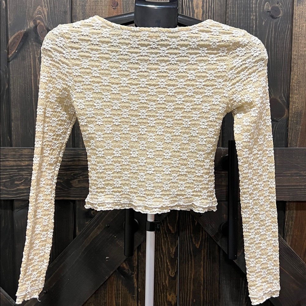 Promesa Eyelet Floral Crop Top S Long Sleeves Ruffle Boho Chic Cream Coquette - Picture 6 of 12